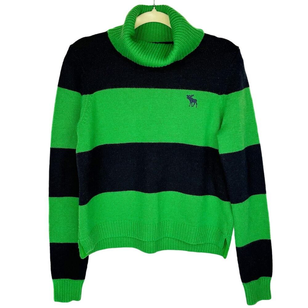 New Abercrombie & Fitch Navy Blue Green Striped Turtleneck Knit Sweater Medium